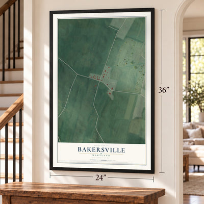 Bakersville, Maryland map, 24 x 36 inch print in a black frame by a staircase