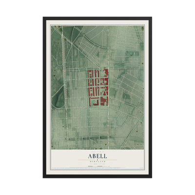 Map of Abell, Maryland, 12 x 18 inch print in a black wood frame