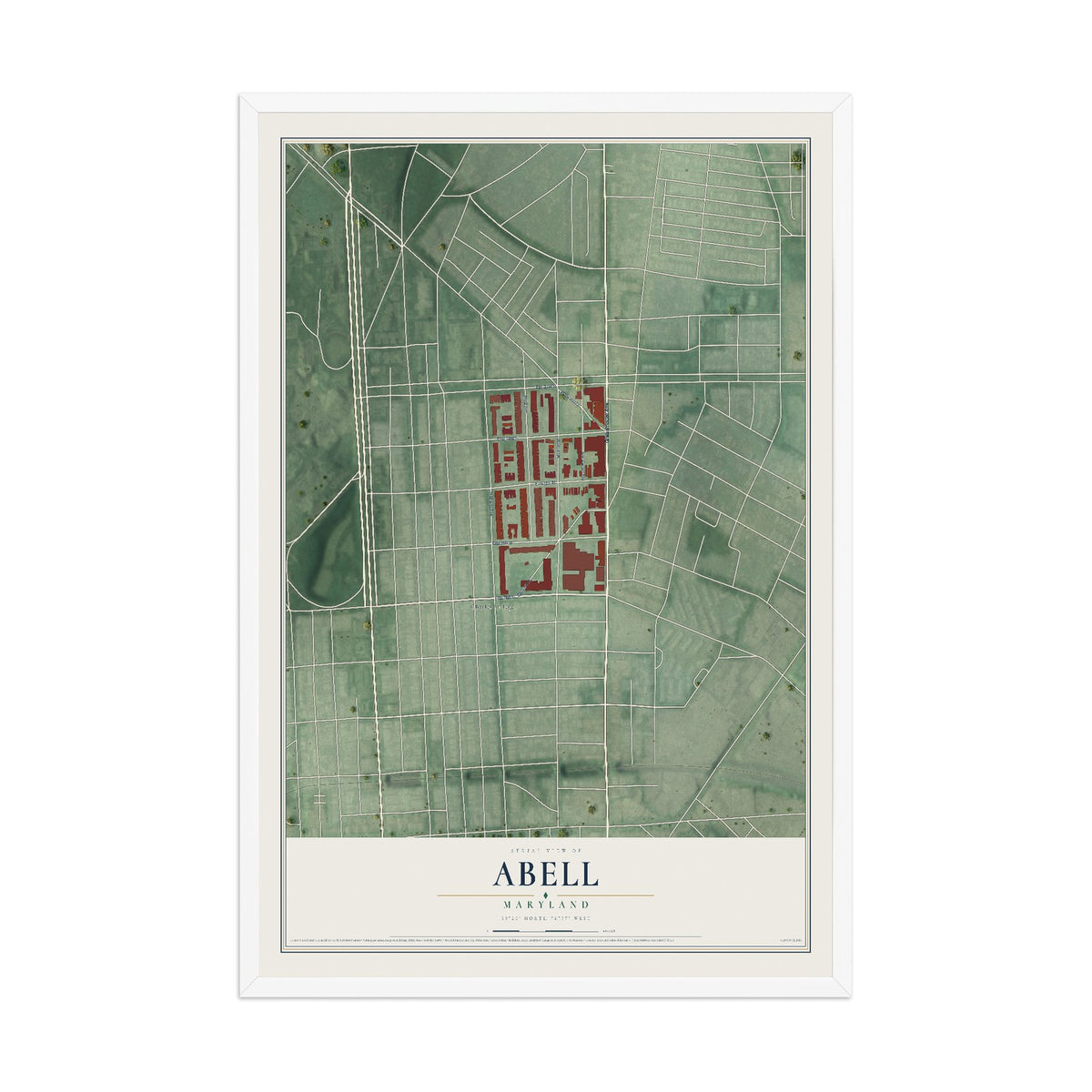 Map of Abell, Maryland, 12 x 18 inch print in a white wood frame