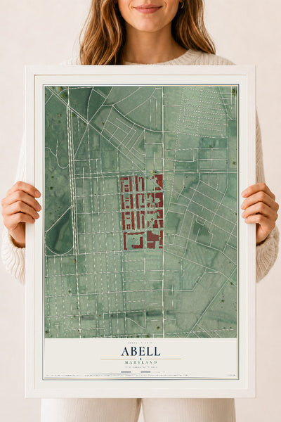 Map of Abell, Maryland, 18 x 24 inch print in a white wood frame