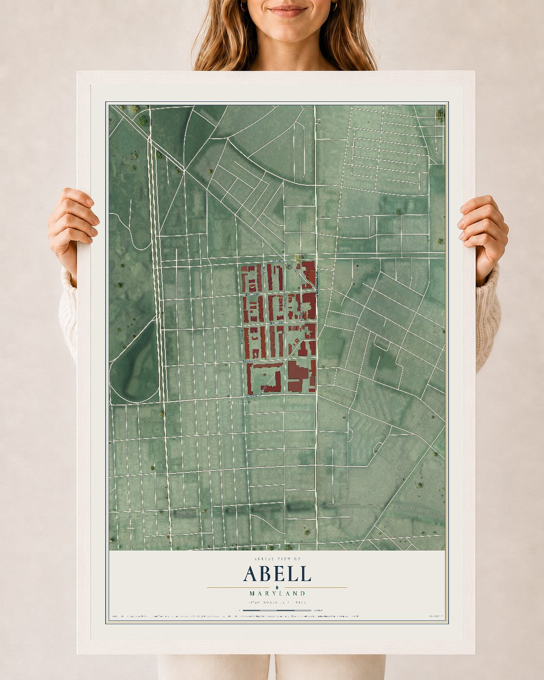 Map of Abell, Maryland, 24 x 36 inch print in a white wood frame