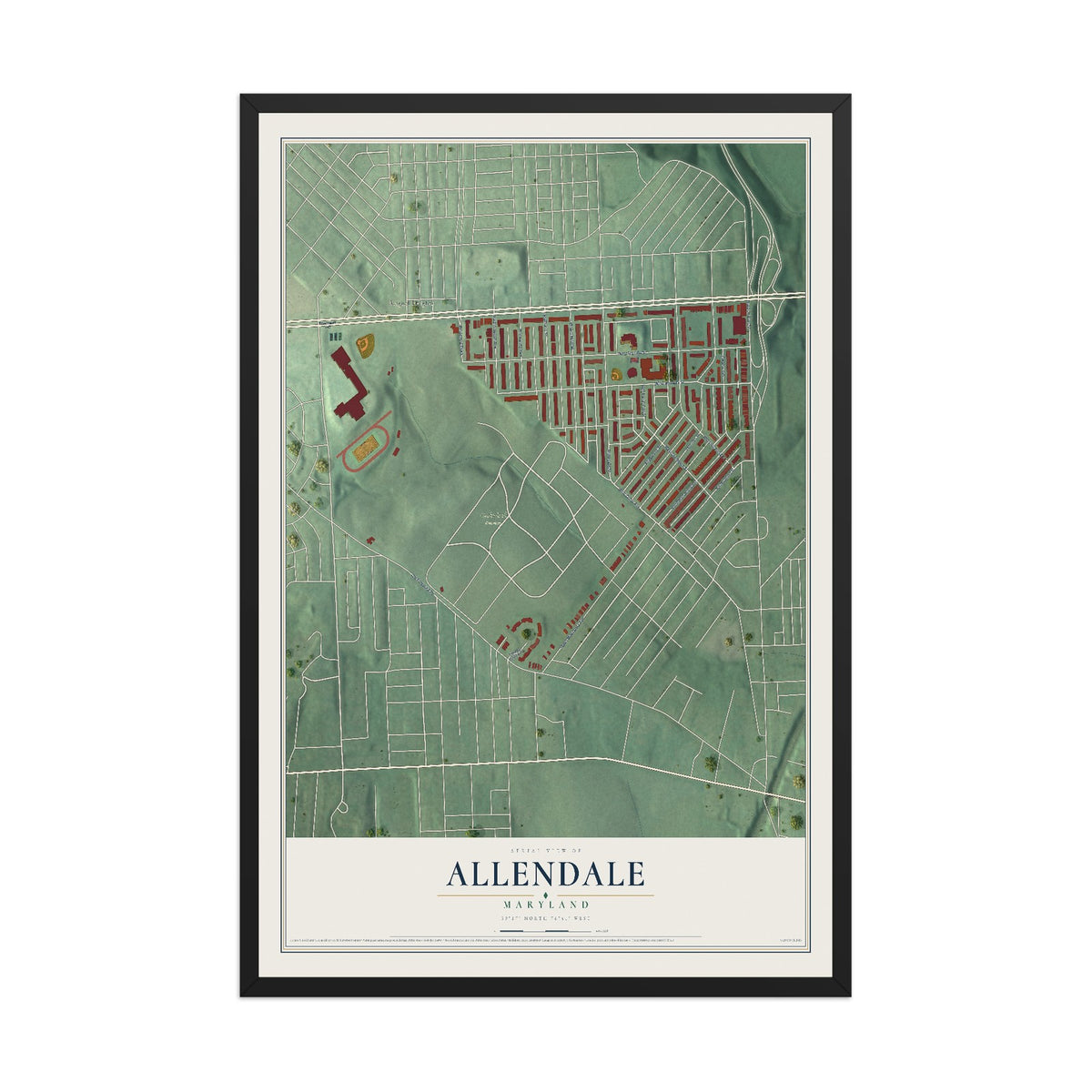 Map of Allendale, Maryland, 12 x 18 inch print in a black wood frame