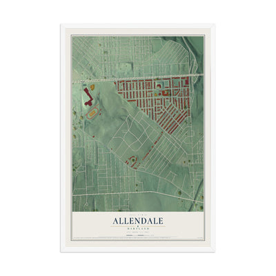 Map of Allendale, Maryland, 12 x 18 inch print in a white wood frame