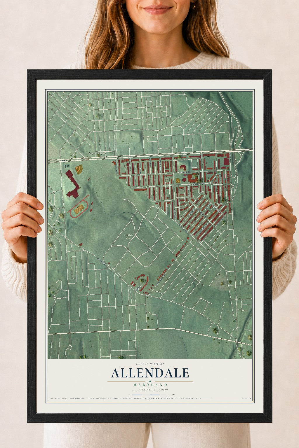 Map of Allendale, Maryland, 18 x 24 inch print in a black wood frame