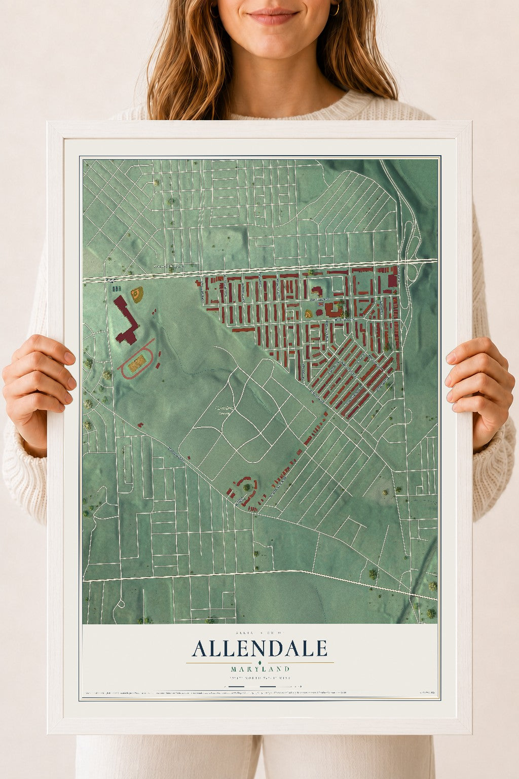 Map of Allendale, Maryland, 18 x 24 inch print in a white wood frame