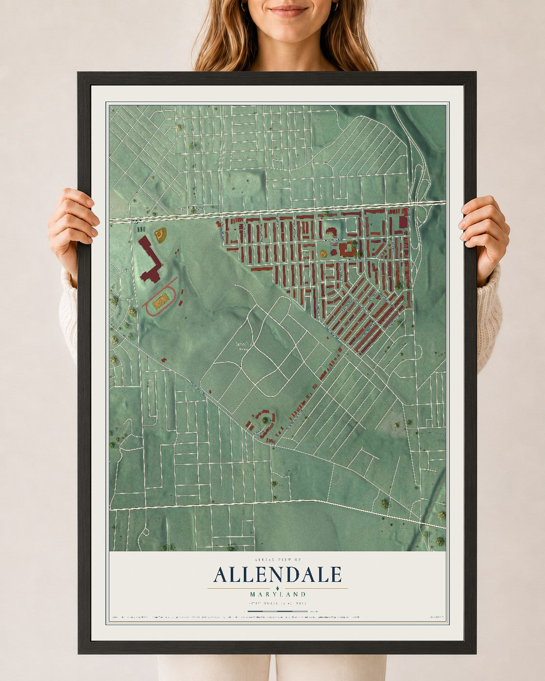 Map of Allendale, Maryland, 24 x 36 inch print in a black wood frame