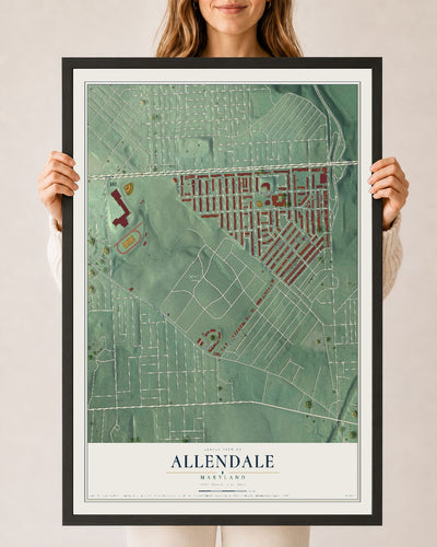 Map of Allendale, Maryland, 24 x 36 inch print in a black wood frame