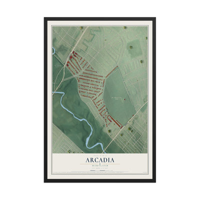 Map of Arcadia, Maryland, 12 x 18 inch print in a black wood frame