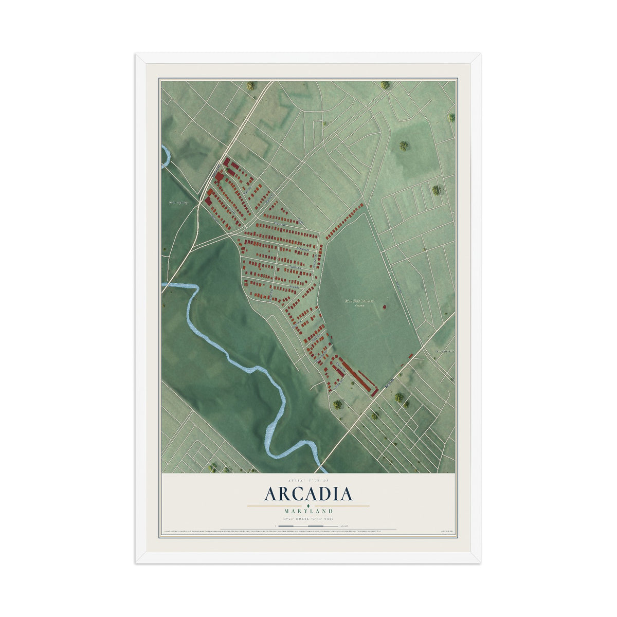 Map of Arcadia, Maryland, 12 x 18 inch print in a white wood frame