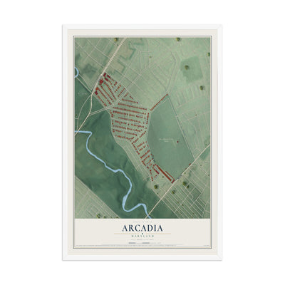 Map of Arcadia, Maryland, 12 x 18 inch print in a white wood frame