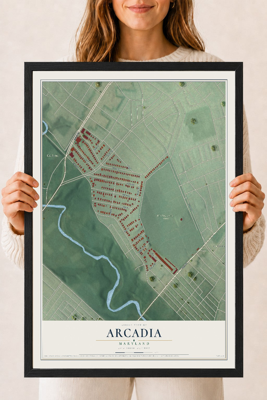 Map of Arcadia, Maryland, 18 x 24 inch print in a black wood frame