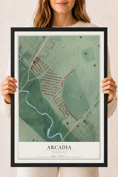Map of Arcadia, Maryland, 18 x 24 inch print in a black wood frame