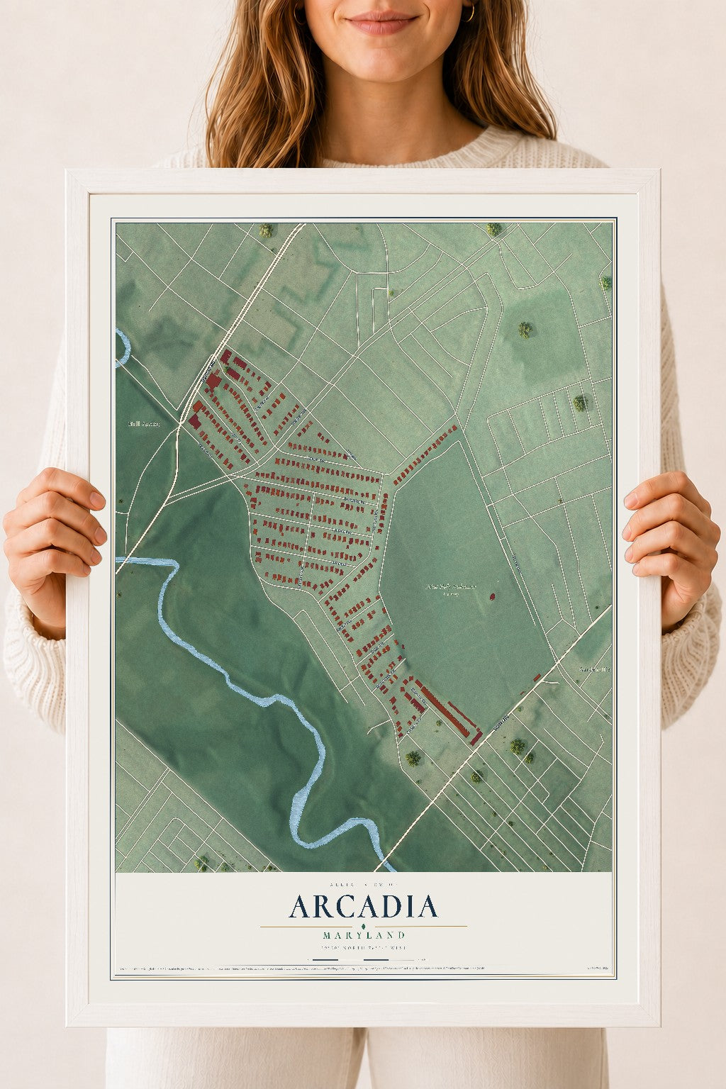 Map of Arcadia, Maryland, 18 x 24 inch print in a white wood frame