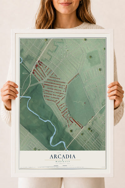 Map of Arcadia, Maryland, 18 x 24 inch print in a white wood frame