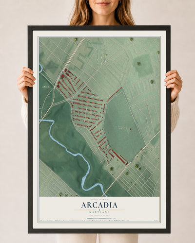 Map of Arcadia, Maryland, 24 x 36 inch print in a black wood frame