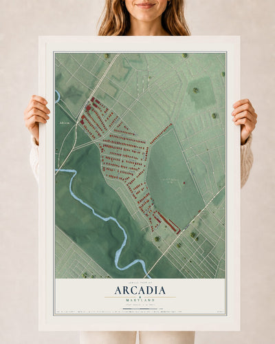 Map of Arcadia, Maryland, 24 x 36 inch print in a white wood frame