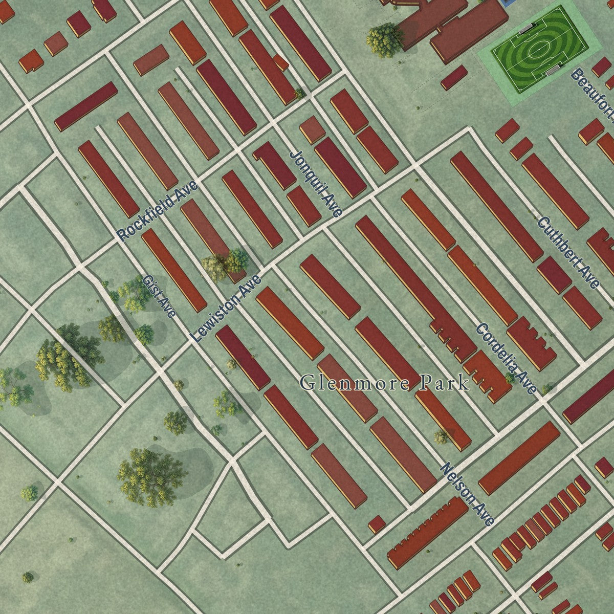 Close-up of the map of Arlington, Maryland print showing street and building detail