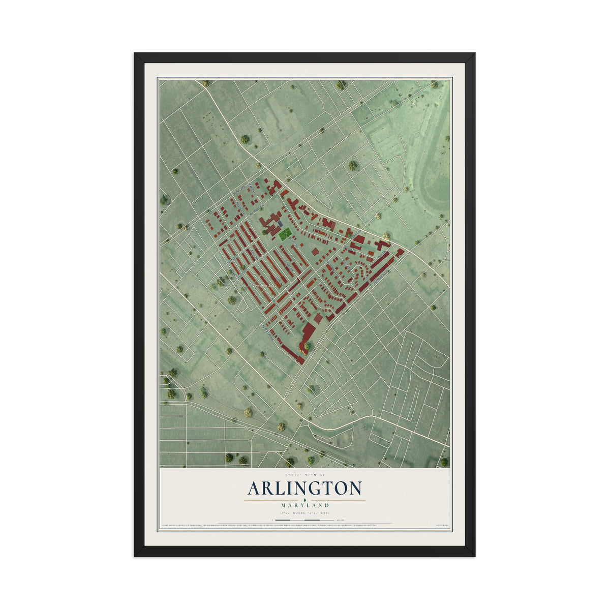 Map of Arlington, Maryland, 12 x 18 inch print in a black wood frame
