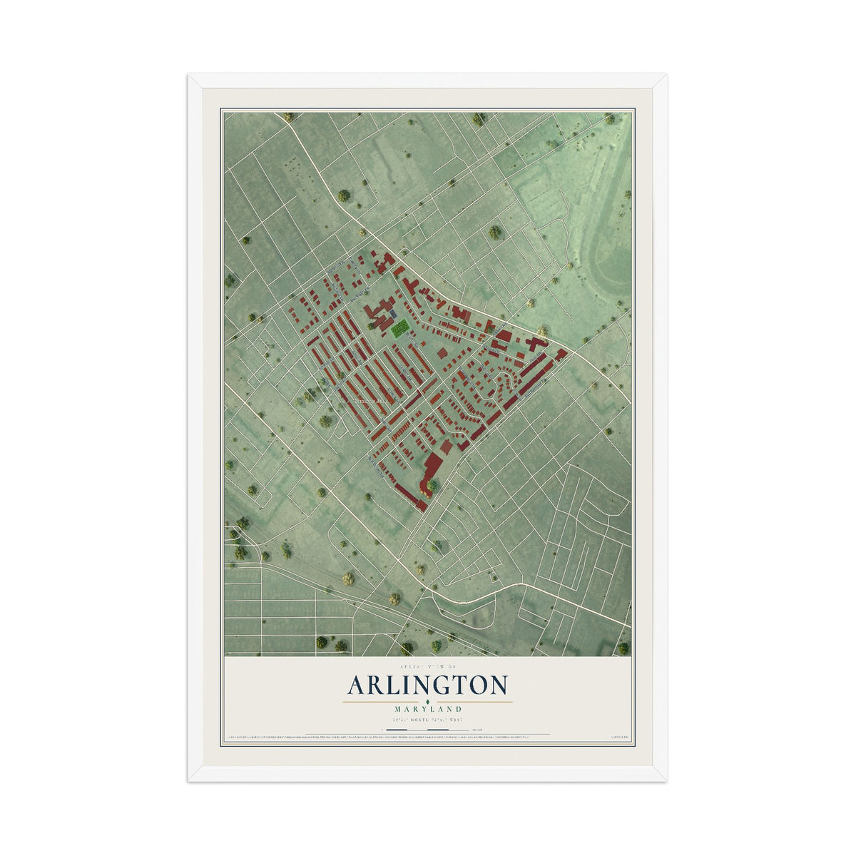 Map of Arlington, Maryland, 12 x 18 inch print in a white wood frame