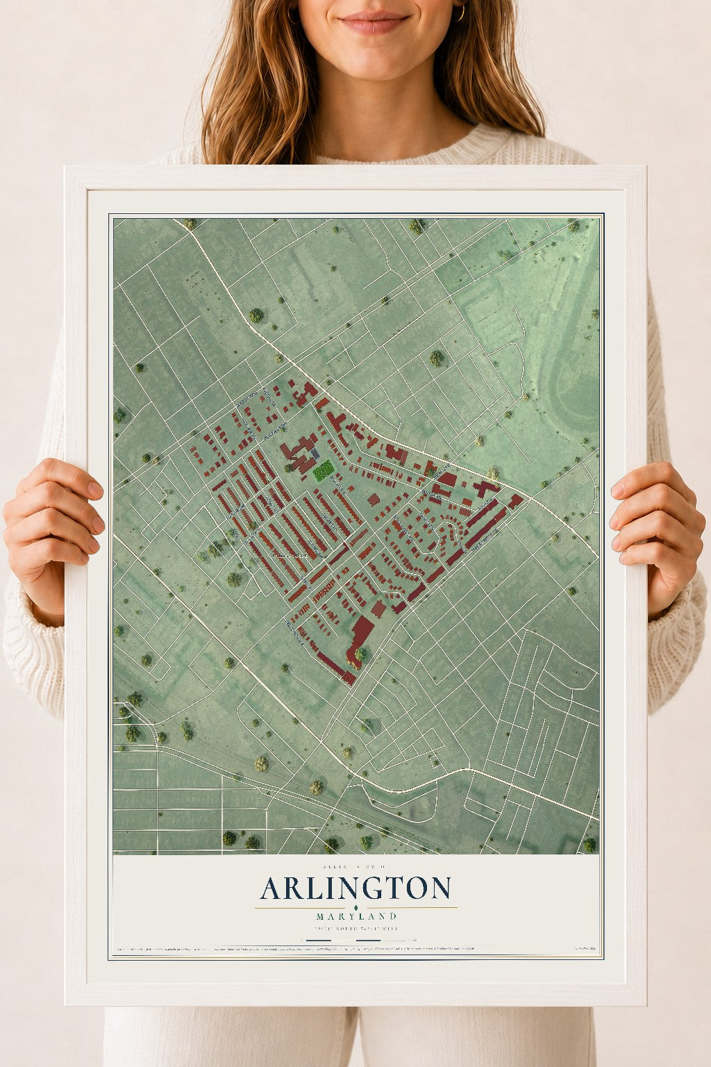 Map of Arlington, Maryland, 18 x 24 inch print in a white wood frame