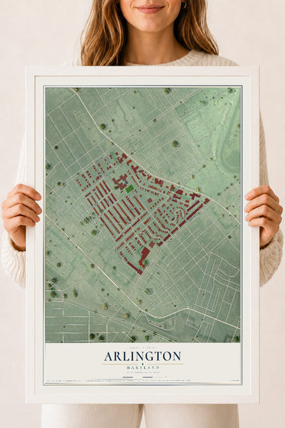 Map of Arlington, Maryland, 18 x 24 inch print in a white wood frame