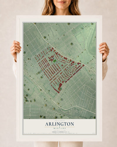 Map of Arlington, Maryland, 24 x 36 inch print in a white wood frame