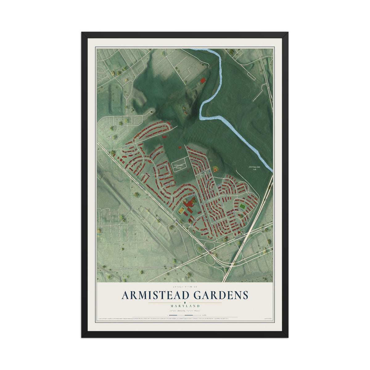 Map of Armistead Gardens, Maryland, 12 x 18 inch print in a black wood frame
