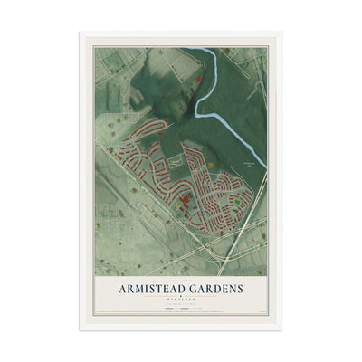 Map of Armistead Gardens, Maryland, 12 x 18 inch print in a white wood frame