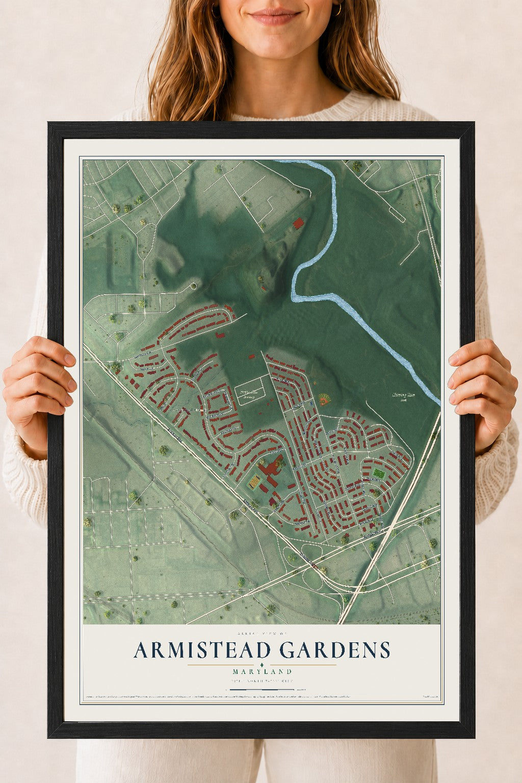 Map of Armistead Gardens, Maryland, 18 x 24 inch print in a black wood frame