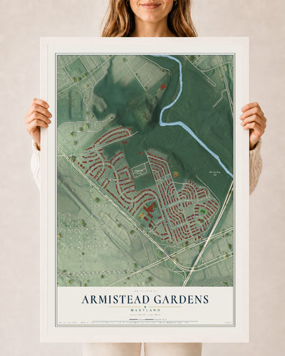 Map of Armistead Gardens, Maryland, 24 x 36 inch print in a white wood frame