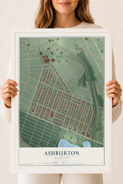 Map of Ashburton, Maryland, 18 x 24 inch print in a white wood frame