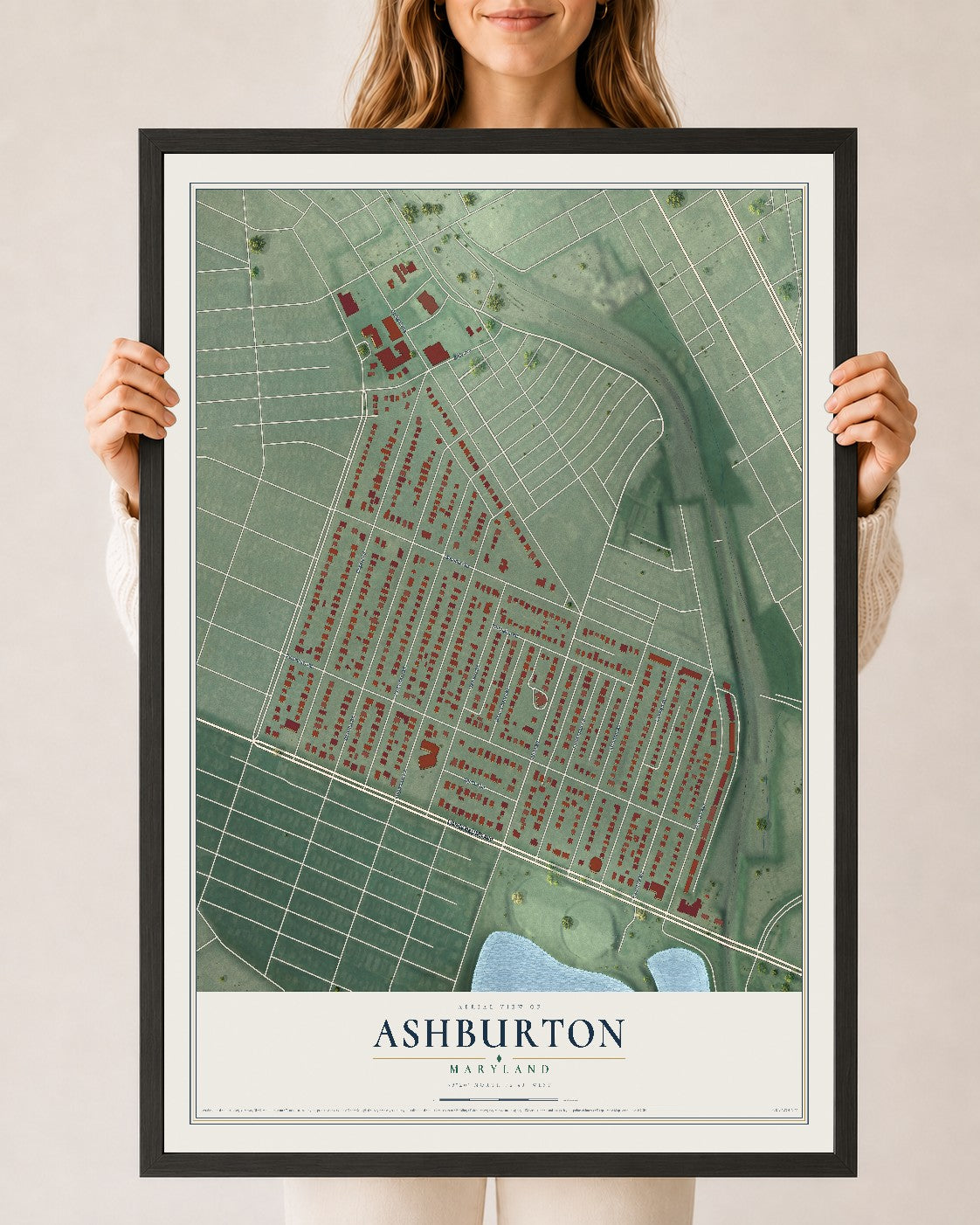Map of Ashburton, Maryland, 24 x 36 inch print in a black wood frame