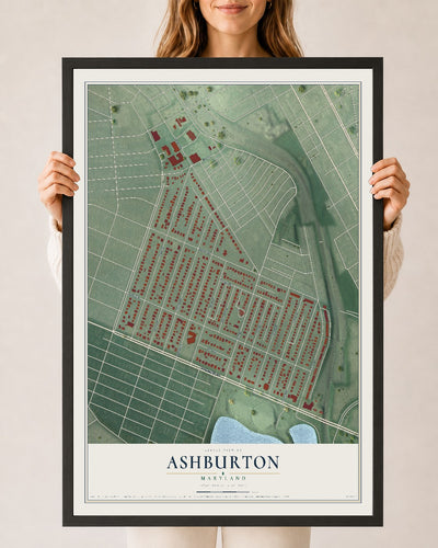 Map of Ashburton, Maryland, 24 x 36 inch print in a black wood frame