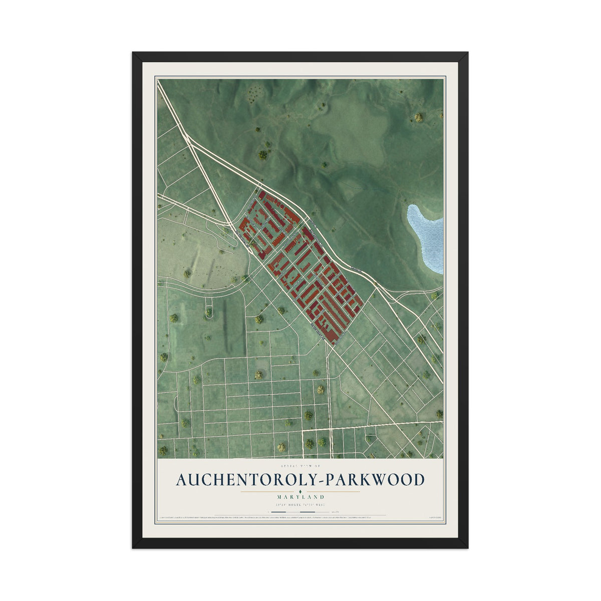 Map of Auchentoroly-Parkwood, Maryland, 12 x 18 inch print in a black wood frame
