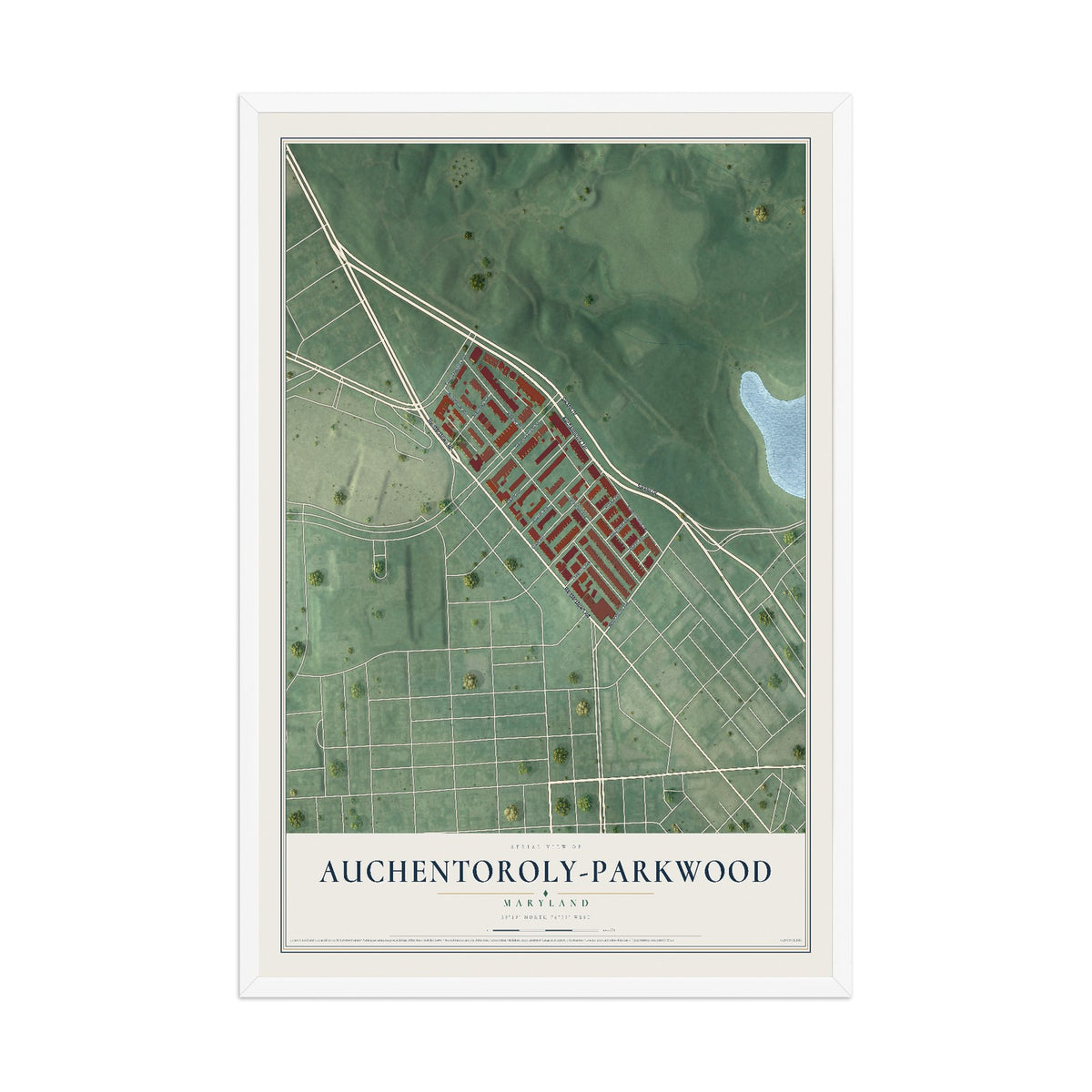 Map of Auchentoroly-Parkwood, Maryland, 12 x 18 inch print in a white wood frame
