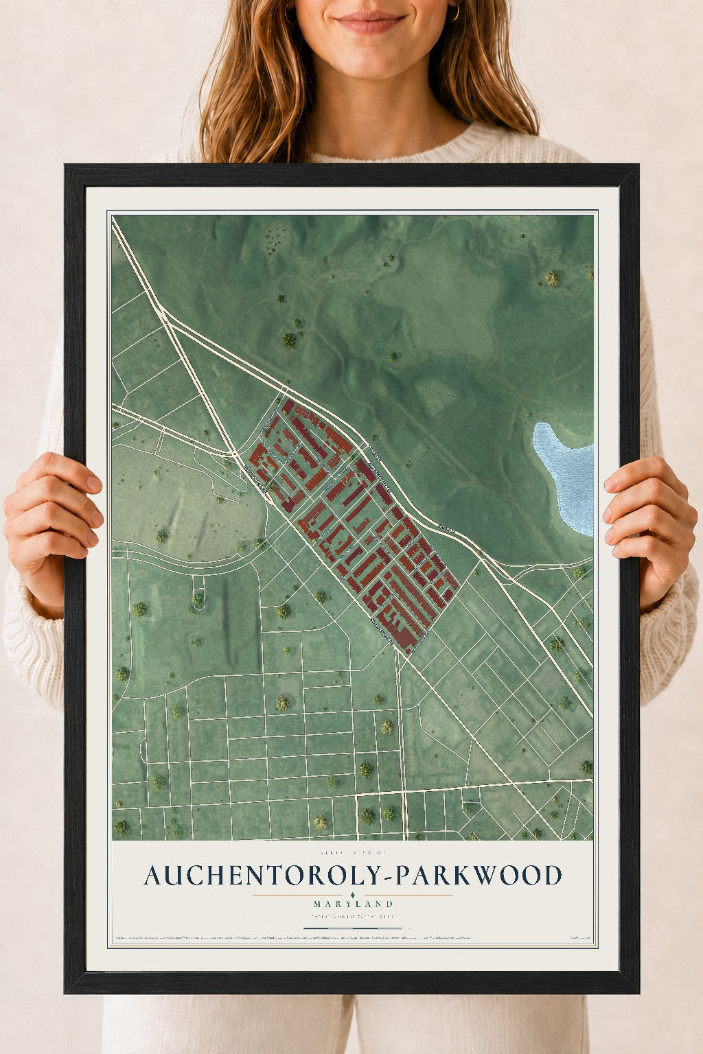 Map of Auchentoroly-Parkwood, Maryland, 18 x 24 inch print in a black wood frame