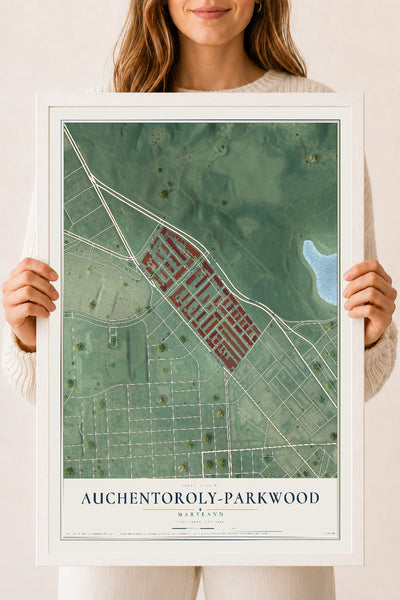 Map of Auchentoroly-Parkwood, Maryland, 18 x 24 inch print in a white wood frame