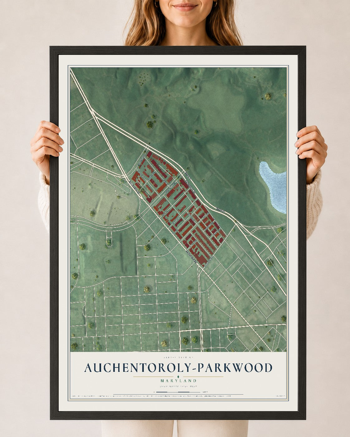 Map of Auchentoroly-Parkwood, Maryland, 24 x 36 inch print in a black wood frame