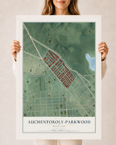 Map of Auchentoroly-Parkwood, Maryland, 24 x 36 inch print in a white wood frame