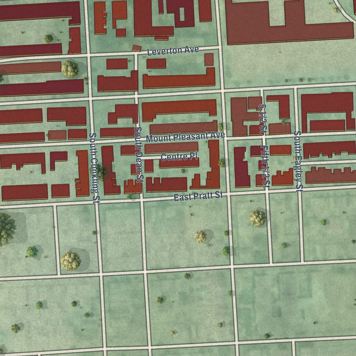 Close-up of the map of Baltimore Highlands, Maryland print showing street and building detail