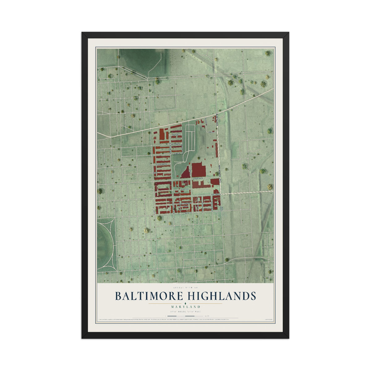Map of Baltimore Highlands, Maryland, 12 x 18 inch print in a black wood frame
