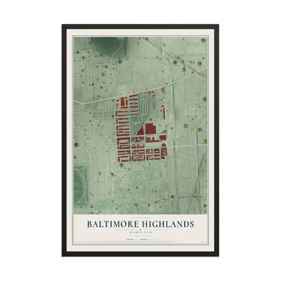 Map of Baltimore Highlands, Maryland, 12 x 18 inch print in a black wood frame