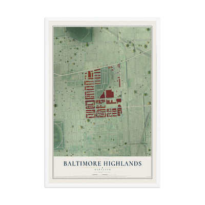Map of Baltimore Highlands, Maryland, 12 x 18 inch print in a white wood frame