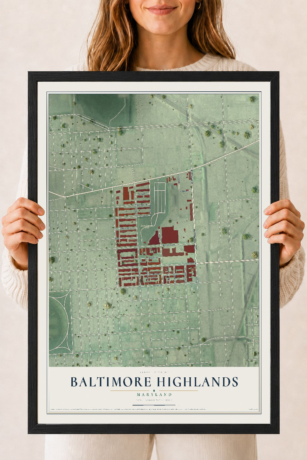 Map of Baltimore Highlands, Maryland, 18 x 24 inch print in a black wood frame