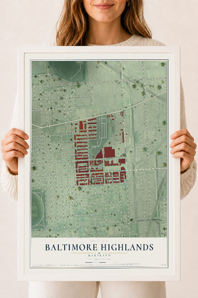 Map of Baltimore Highlands, Maryland, 18 x 24 inch print in a white wood frame