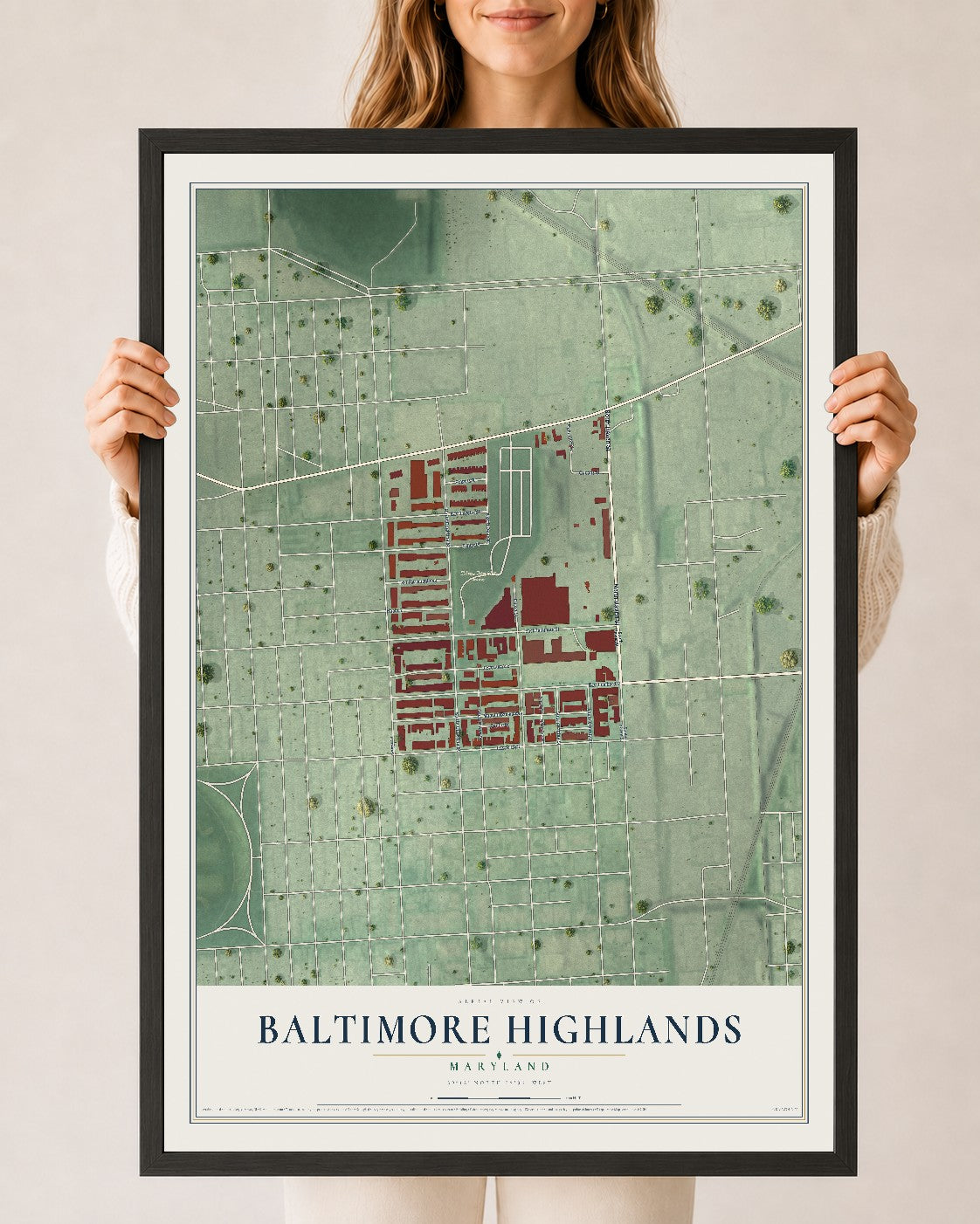 Map of Baltimore Highlands, Maryland, 24 x 36 inch print in a black wood frame