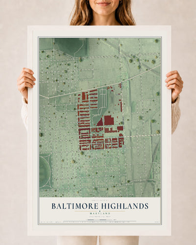 Map of Baltimore Highlands, Maryland, 24 x 36 inch print in a white wood frame