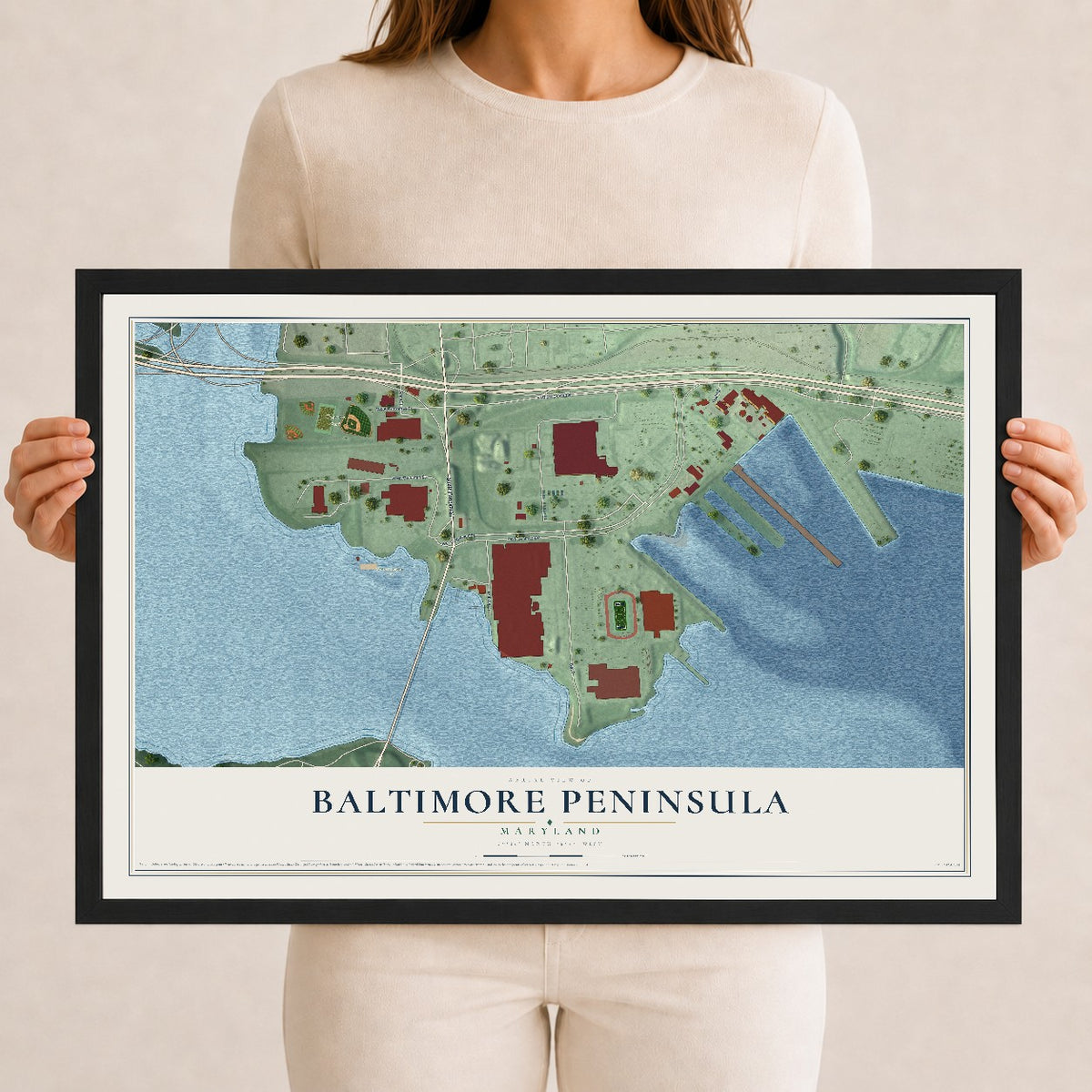Map of Baltimore Peninsula, Maryland, 12 x 18 inch print in a black wood frame