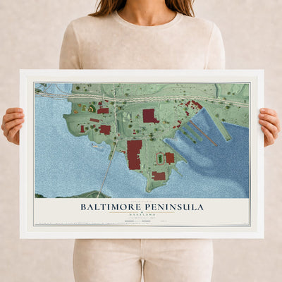 Map of Baltimore Peninsula, Maryland, 12 x 18 inch print in a white wood frame