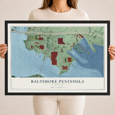 Map of Baltimore Peninsula, Maryland, 18 x 24 inch print in a black wood frame